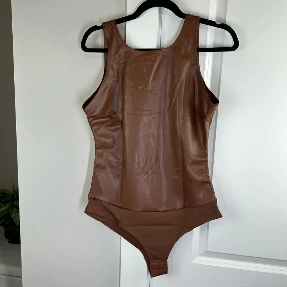 NEW Pinsy Shapewear Brown Faux Leather Bodysuit XL NWT Minimalist Neutral - Picture 4 of 9